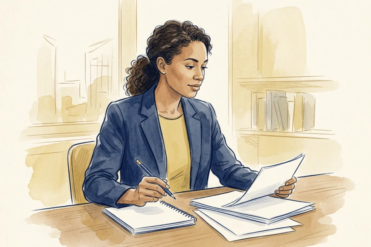 Business representative reviewing donation questions and organizational information at a desk
