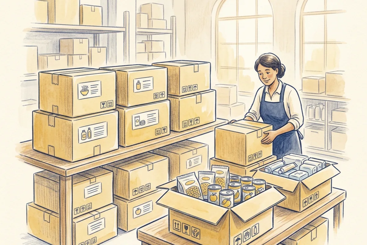Illustrative arrangement of packaged food and hygiene products suitable for discussing an in-kind donation