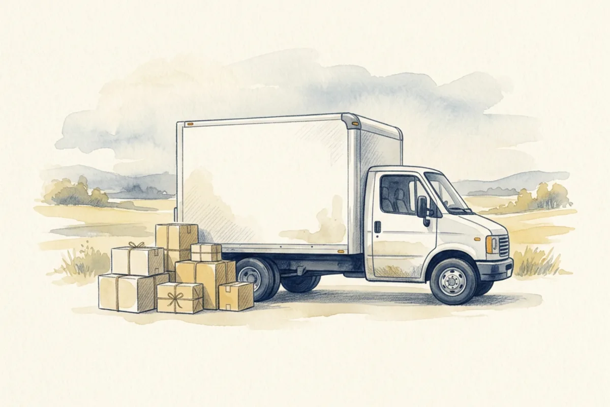 Unmarked delivery truck parked beside stacked boxes of food and essential supplies